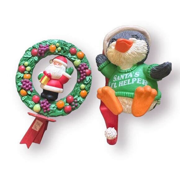 Hallmark Stocking Hanger Holders Vintage Christmas Penguin & Santa Claus Wreath - Picture 3 of 6